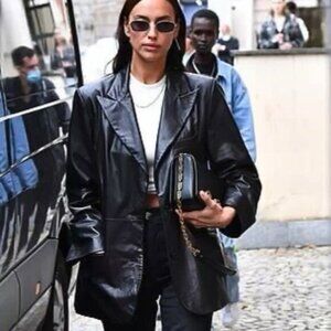 Danier Oversized Black Leather Blazer Jacket Classic Capsule Wardrobe Women's XS